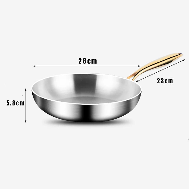 Premium 316 Stainless Steel Frying Pan - 7-Ply Professional Chef's Wok with Golden Handle