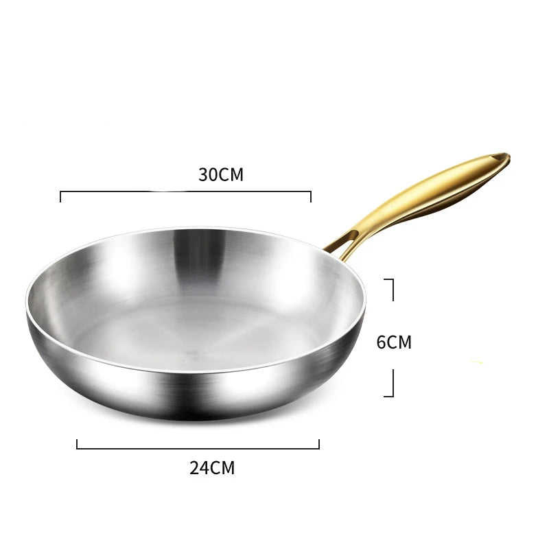 Premium 316 Stainless Steel Frying Pan - 7-Ply Professional Chef's Wok with Golden Handle