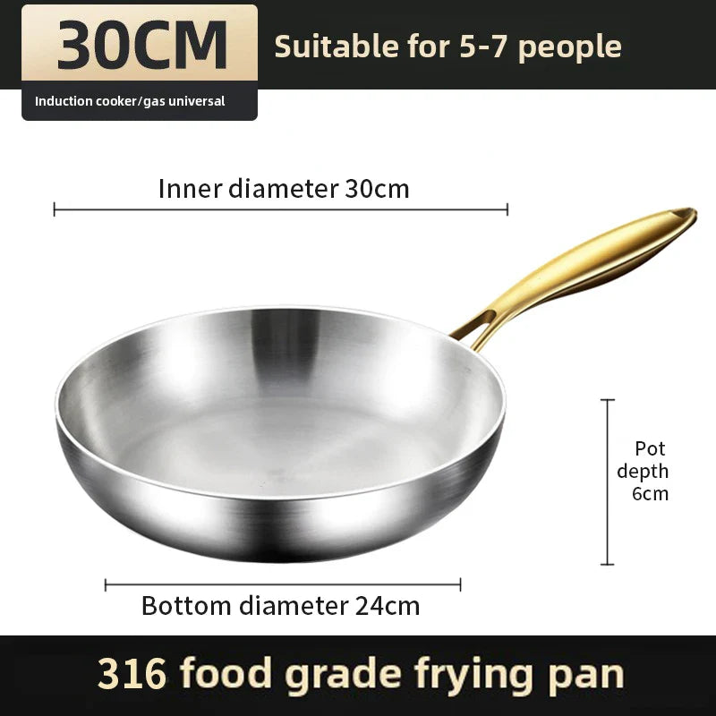 Premium 316 Stainless Steel Frying Pan - 7-Ply Professional Chef's Wok with Golden Handle