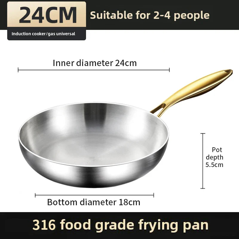 Premium 316 Stainless Steel Frying Pan - 7-Ply Professional Chef's Wok with Golden Handle
