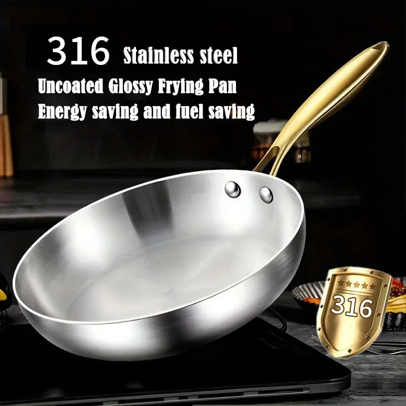 Premium 316 Stainless Steel Frying Pan - 7-Ply Professional Chef's Wok with Golden Handle