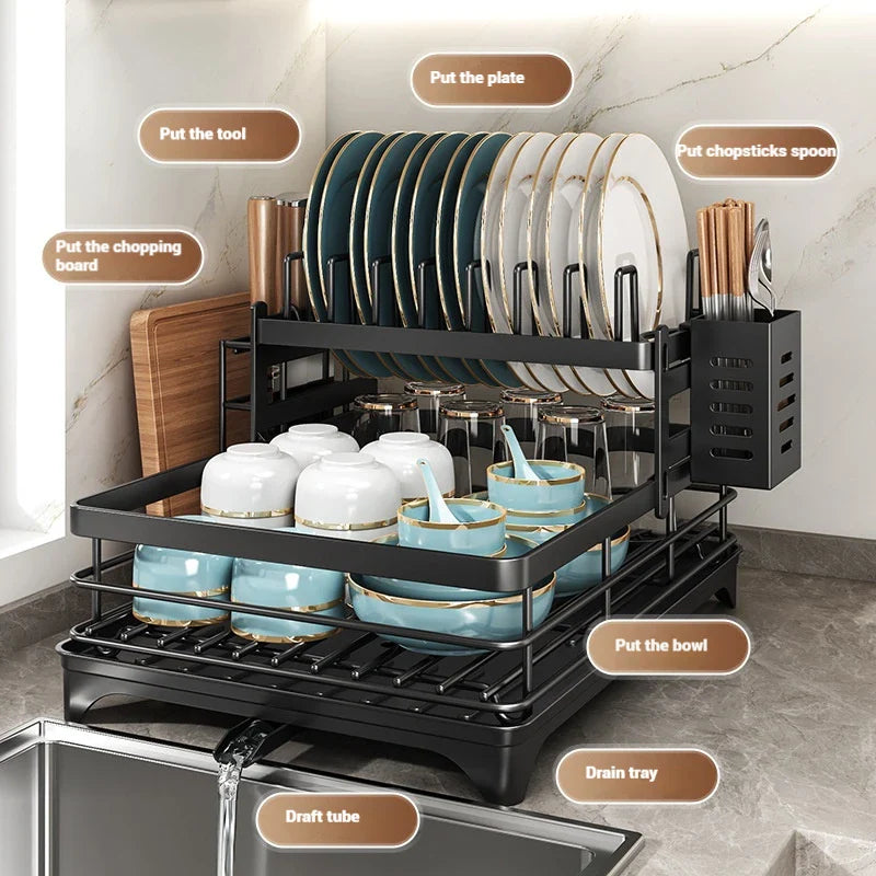 360 Degree Rotating Storage Rack, Double Layer Drying Rack With Drain